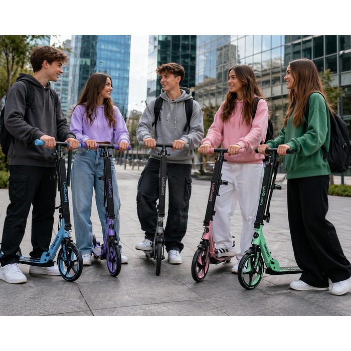 Самокат міський Bergеn City Scooter Downtown, алюмінієвий, складаний, 3.3 кг, колеса 200 мм, регульована висота, для дітей від 6 років, підлітків, дорослих до 100 кг (чорний, зелений)