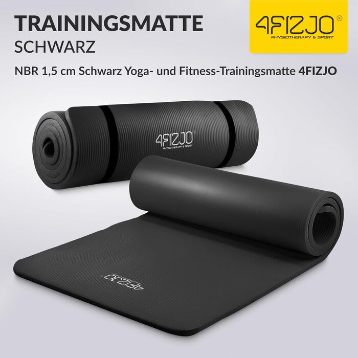 Фітнес-мат 4FIZJO 180x60 см, товщина 1.5 см, NBR піна, нековзний, для йоги, пілатесу, спорту (чорний) з ременем для перенесення