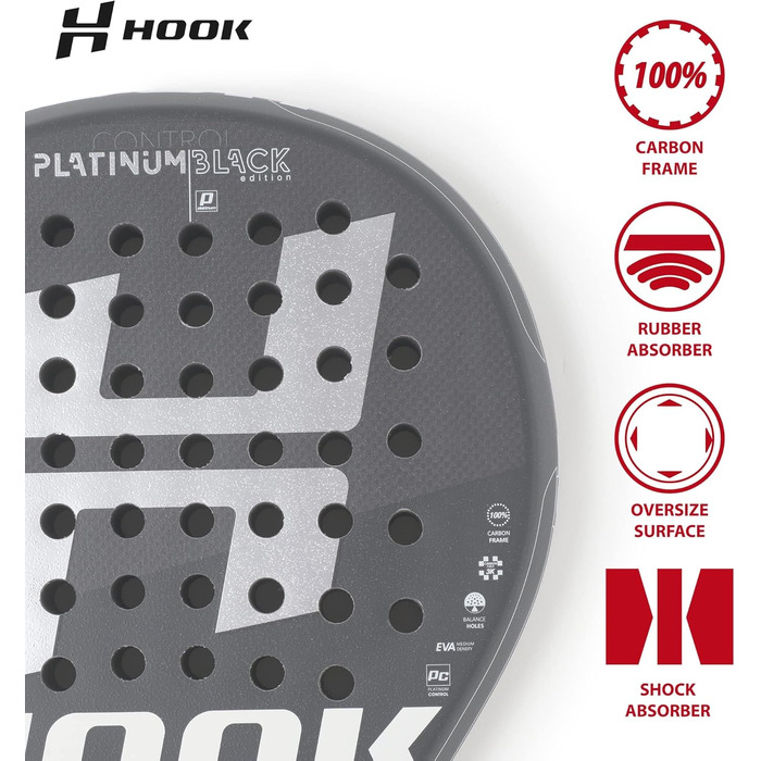 Унісекс падельна ракетка Hook Platinum Black Spyder, 355/365 г, 100% карбон, контроль 95%, EVA, середній баланс, піщане покриття, кругла форма