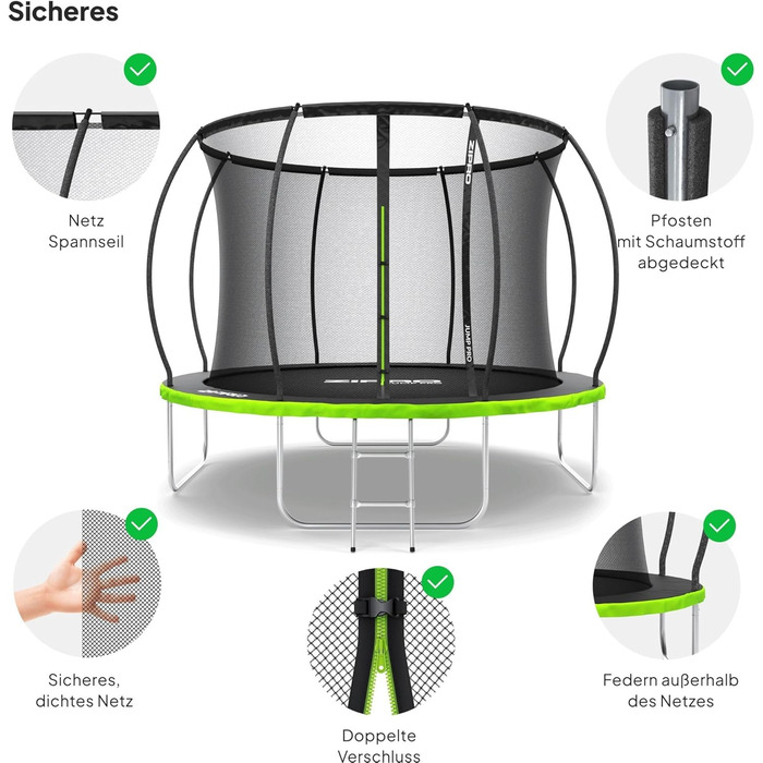 ZIPRO JumpPro Premium Трамплін для дітей Outdoor, садова модель з сіткою, захист від УФ, водостійкий, проста збірка, вантажопідйомність до 150 кг, діаметр 252/312/374/435/496 см