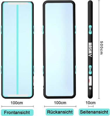 AWSUM Килимок для гімнастики надувний, 2/3/4/5/6м, товщина 10/20см, для йоги, фітнесу, тренувань, на вулицю, з насосом, Mint Green + Black