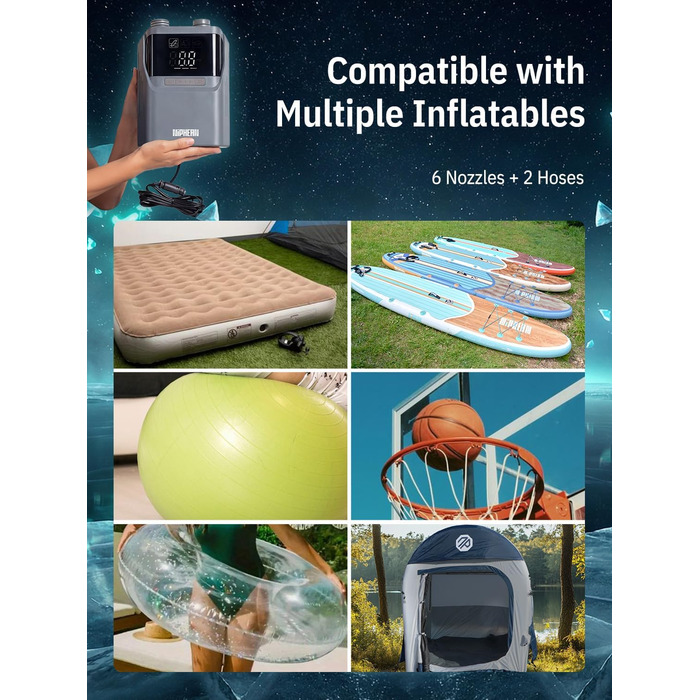 Електричний насос Niphean для SUP-дощок та автомобільних шин, 50 PSI, з подовженим кабелем зарядки 300 см та сумкою для зберігання