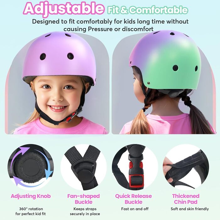 Набір захисту Kinderhelm 7-in-1: шолом, наколінники, налокітники, захист зап'ястя. Рожевий, фіолетовий, зелений