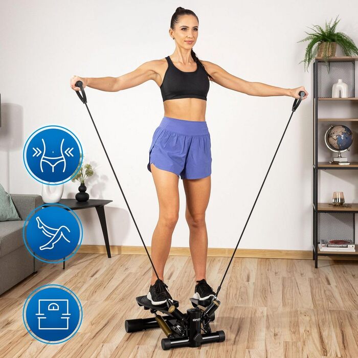 Gymtek XST500 Степпер - Міні тренажер для фітнесу та пілатесу з LCD-дисплеєм, лічильником кроків та підсвічуванням, чорний та золотий