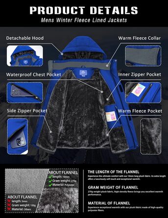 Зимова куртка для чоловіків: тепла, водонепроникна, для катання на сноуборді та активного відпочинку на природі. Зі знімним капюшоном (XXL, Schatzblau)