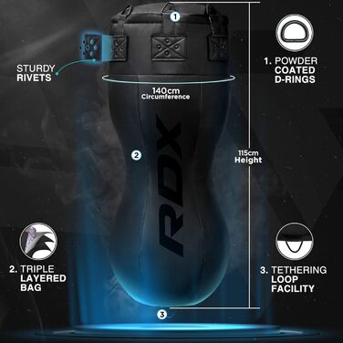 RDX Боксерський мішок Boxen Body Boxsack з рукавичками та сталевим ланцюгом, мішок для боксу Maya Hide, для кікбоксингу, MMA, муай-тай, карате, чорний, не наповнений