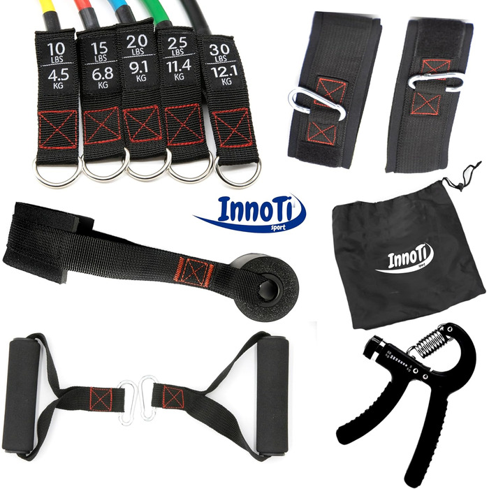 Еластичні стрічки InnoTi для фітнесу: набір для нарощування м'язів, домашні тренування, стрічки-експандер з латексу, м'які петлі та дверний анкер, 45-68 кг