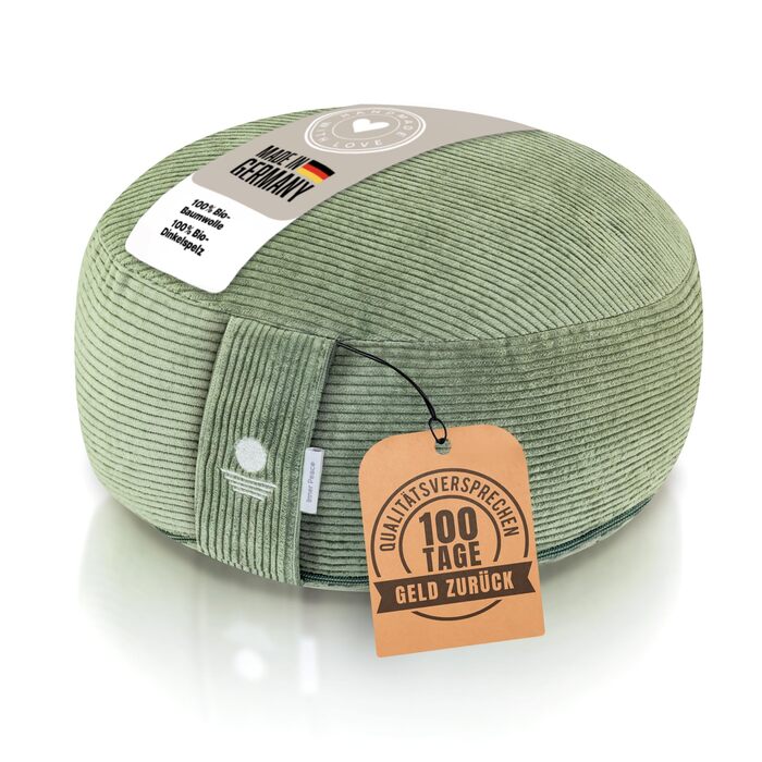 Йога подушка Inner Peace Round Cord 33 x 16 см XL для медитації | З био-бавовни та дінкової вати | Зроблено в Німеччині (світло-зелений)