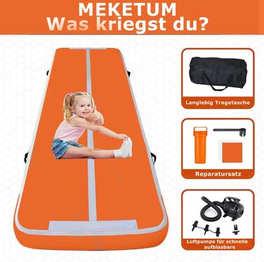 Мат для гімнастики MEKETUM Air Turn Track: 2м, 3м, 4м, 5м, 10/20см, товщина 10см. Антиковзка спортивна килимок для дому, тренувань, йоги, фітнесу. Зелений, помаранчевий