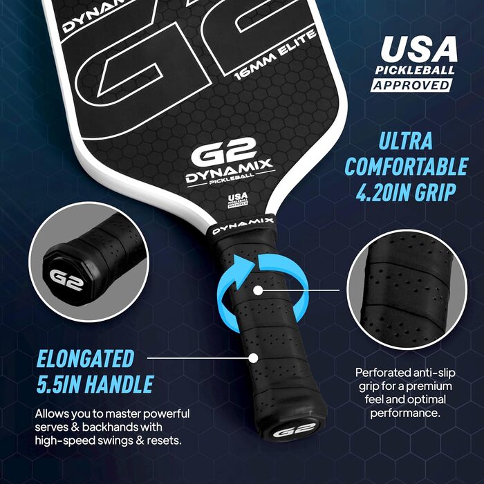 Пікбол ракетка з вуглецевого волокна Gen-2, 16 мм, схвалена USAPA, для професійного рівня, потужність, обертання та стабільність, довгаста, легка Pro-Balance (чорний хват / білий обід)