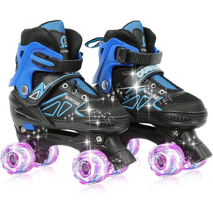 Роликові ковзани XUANYU з підсвічуванням коліс, класичні ролики Quad для дівчаток та хлопчиків, зручні та дихаючі, ролики для початківців, блакитно-чорного кольору, розмір S (27-32)