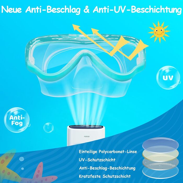 Дитячі маски для снорклінгу Vvinca з тканинним ремінцем, 180° панорама, анти-протікання, для дітей 3-13 років, зелені