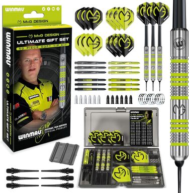 Подарунковий набір дартсу Winmau Michael Van Gerwen MvG, 50 елементів: 4 комплекти стрижнів, 4 комплекти оперень, аксесуари, Softip