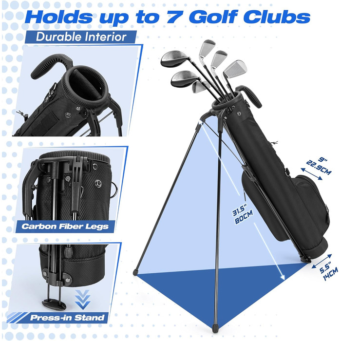 Чохол для гольф-клубів на 7 місць, компактний дизайн, легкий, з ергономічним ременем (Чорний)