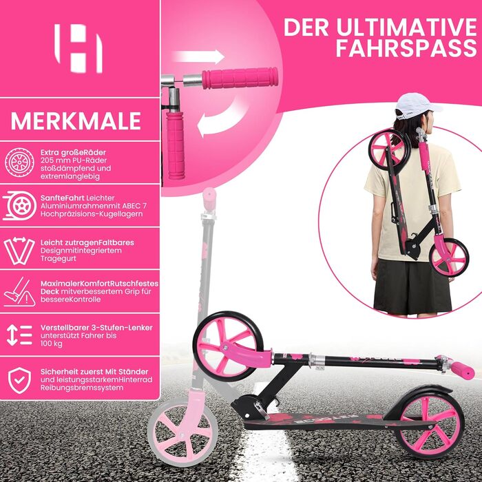 Дитячий ролер Habib Kickroller – складний, регульована висота, великі колеса, до 80 кг, для міста (рожевий)