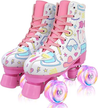 Роликові ковзани XUDREZ з підсвічуванням для дітей та дорослих, рожевий принт, квадроколісні, регульовані, для дівчаток, дам та початківців (37)