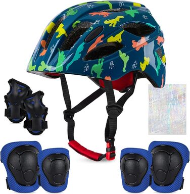 Дитячий шолом Kinderhelm для велосипеда, 3-8 років, дівчатка, регульований, комплект наколінників, блакитний динозавр