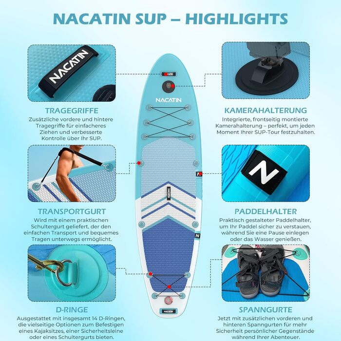 NACATIN SUP дошка надувна 320 см з сидінням, веслом та рюкзаком - для йоги, річки, моря (синій)