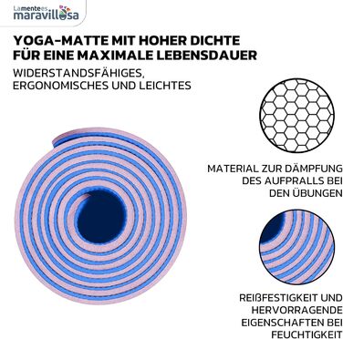 Килимок для гімнастики та йоги LA MENTE ES MARAVILLOSA з неслизькою поверхнею, сумкою та електронною книгою з вправ. Посилений, з TPE, 183x61 см (рожевий+синій)