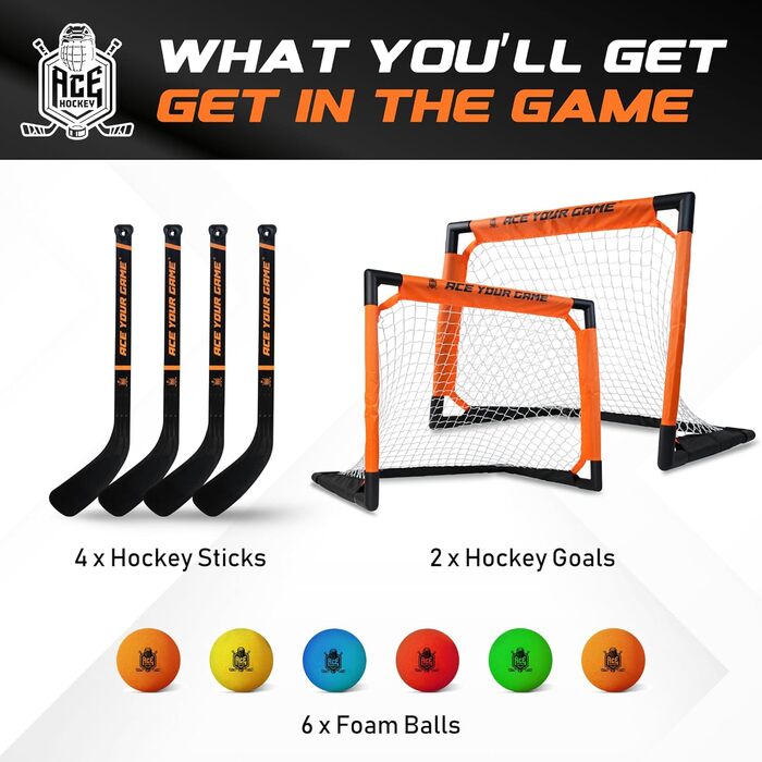 Набір для хокею ACE HOCKEY Shinny – повний комплект для гри в приміщенні та на вулиці (2 ворота, 2 ключки, 6 м'ячів)