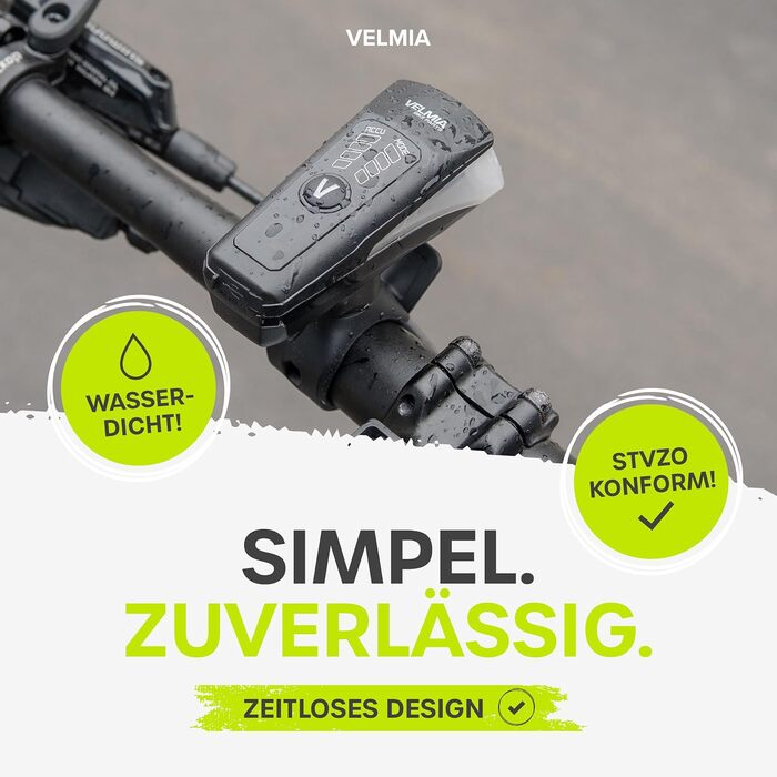 Набір велосипедних LED фар VELMIA, StVZO, USB-акумулятор, водостійкі, 8,5 год роботи, переднє 70 Люкс + заднє світло, золото
