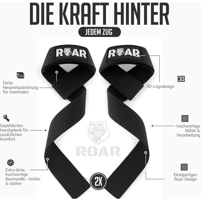 Роар® ремені для підйому штанги (м'які) для силових тренувань, бодібілдингу, фітнесу - ремені для тяги - підйомні ремені - для жінок та чоловіків (Чорний)