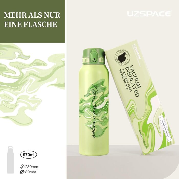 Термос-пляшка UZSPACE 1л (970мл) з нержавіючої сталі, ізольована, 1-click відкривання, не протікає, для спорту, туризму, фітнесу, тренажерного залу, на відкритий простір, колір: лісовий зелений