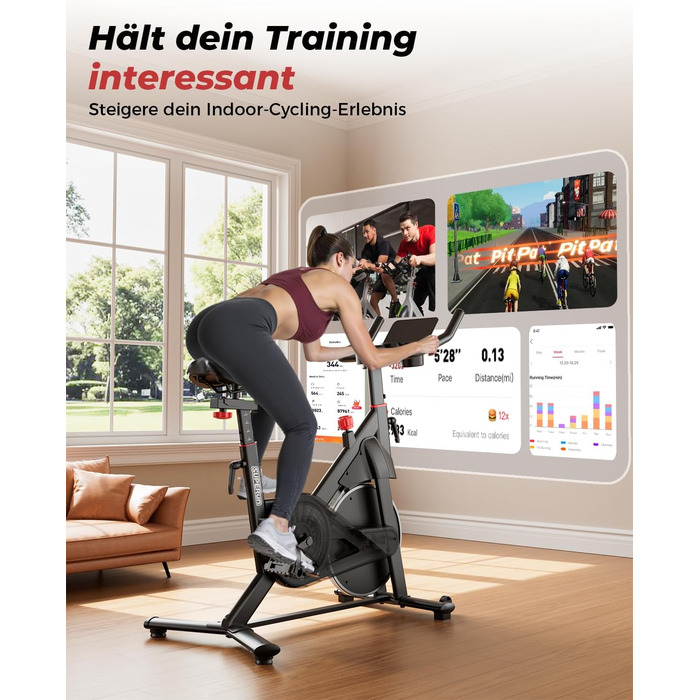 Велотренажер для дому Superun з APP, магнітний опір, 15 кг маховик, ультратихий, чорний