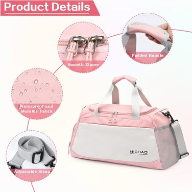 Спортивна сумка-рюкзак для подорожей: велика, водонепроникна, з відділенням для взуття та мокрих речей, для жінок та чоловіків (білий+рожевий)