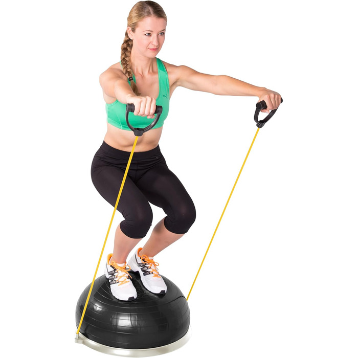 Дерев'яна баланс-дошка SportPlus з роликом та антиковзким покриттям, терапевтичний круїз із бічними ручками, тренажер рівноваги з ручками, віброплатформа для постави, реабілітація та йога Black/Sun з еластичними стрічками