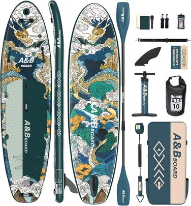 Надувний SUP-борд A&BBOARD з аксесуарами, 335x88 см, подвійна помпа, рюкзак, стабільний дизайн, для молоді та дорослих, колір Лава Грін + Дракон