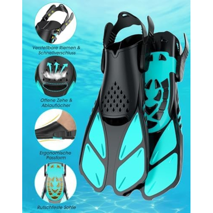 Набір для снорклінгу для дорослих: складана маска з трубкою та ластами, CO2-безпечна, проти запотівання та без витоку, з сумкою. Маска та ласти S/M, чорно-зелений колір