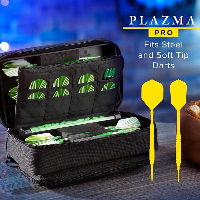 Чохол для дартс Casemaster Plazma Pro на 6 дротиків з м'якими і сталевими вістрями, велика передня кишеня для телефону, вбудовані контейнери для аксесуарів, чорний кант