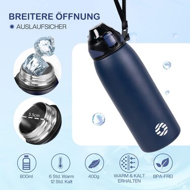 Термобутилька FJbottle з нержавіючої сталі 800 мл, герметична спортивна пляшка для води, школи та фітнесу, BPA-free, темно-синя