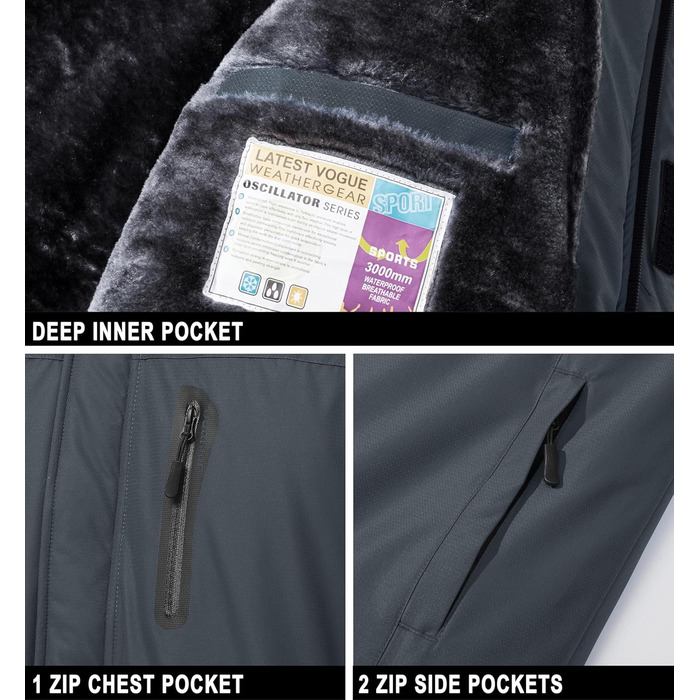 Чоловіча зимова куртка MAGCOMSEN, водонепроникна, з флісовою підкладкою, вітрозахисна, для туризму та активного відпочинку, знімний капюшон (L, темно-сірий)