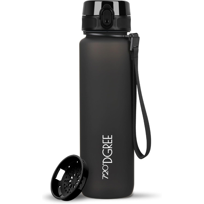 Спортивна пляшка для води 1 л 720°DGREE uberBottle з мотиваційною шкалою, ситечком, знімною ручкою, BPA-free, тритан, чорна, для спорту, фітнесу, велосипеду, університету, outdoor