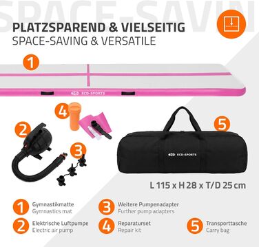 Гімнастичний мат Airtrack ECD Germany для тумблінгу та фітнесу, надувний повітряний тренажер (500 x 100 x 10 см), рожевий, з електричним насосом та сумкою