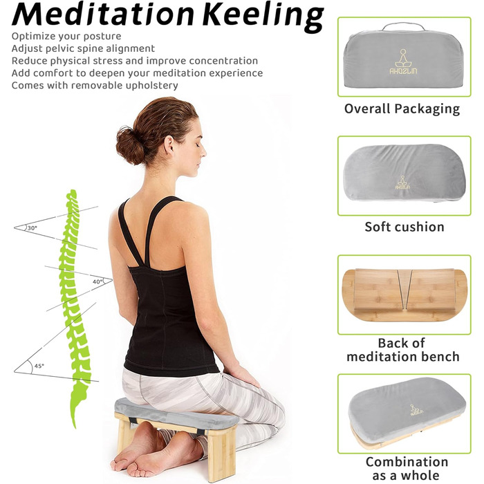 Складний медитативний стілець з бамбука Ergonomischer Meditationsbank: З подушкою, для молитви, йоги та медитацій - Сірий