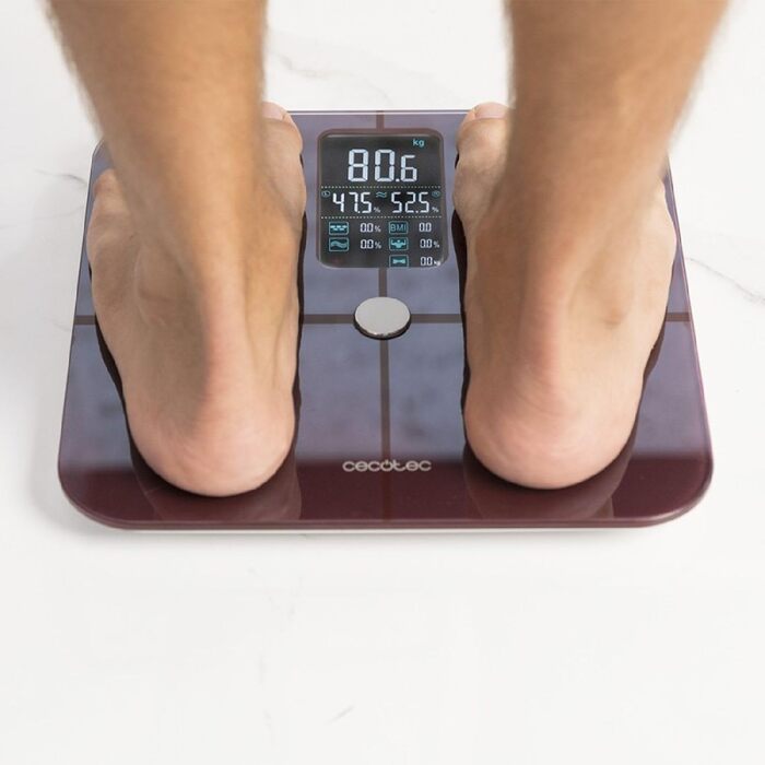 Ваги для ванні кімнати Cecotec Digitale 10400 Smart Healthy Vision з додатком, точність поверхні, дисплей, вимірювання біоімпедансу, частота серця, 180 кг, гранатовий