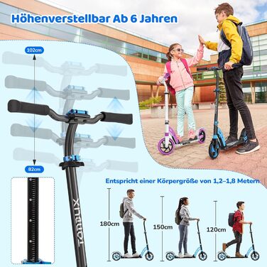 TONBUX Роликовий самокат для дітей 6-9+ років, дорослих, алюмінієвий, з подвійною підвіскою, регульована висота, складаний, блакитний, до 100 кг