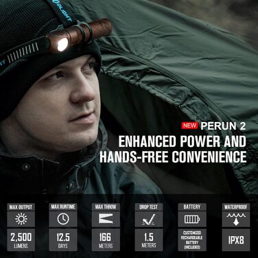Ліхтар налобний Olight Perun 2 Desert Tan 2500 Люмен, 166 метрів дальність, USB, 5 режимів, таймер, для бігу, риболовлі, кемпінгу