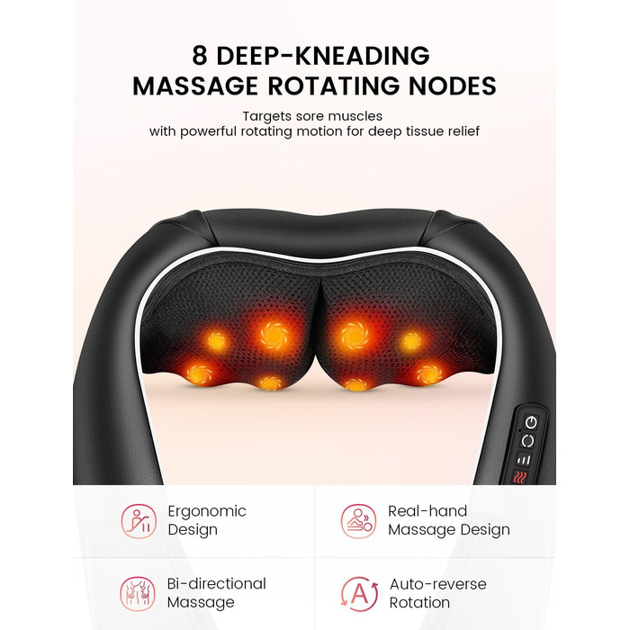 Масажер для шиї RIKE Shiatsu з підігрівом - 3D масажер для шиї, плечей та спини, з адаптерами для мережі та авто, глибока масажна дія, подарунок на Різдво