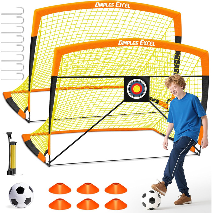 Ворота для футболу Dimples Excel Pop-Up – розкладні для дітей | 1 або 2 шт. у розмірах 120x90 / 152x110 / 213x152 см | 3 кольори на вибір | Опційно з м'ячем, насосом, фігурками та мішенню | Для саду та як подарунок (2-152x110 Оранжевий+Аксесуари)