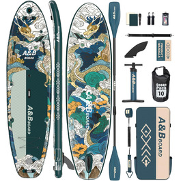 Надувний SUP-борд A&BBOARD з аксесуарами, 335x88 см, подвійна помпа, рюкзак, стабільний дизайн, для молоді та дорослих, колір Лава Грін + Дракон