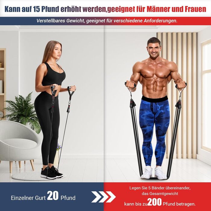 Набір еластичних стрічок для фітнесу з гумовими ручками, плакат з вправами, манжети на щиколотки, дверний анкер, сумка, 5 рівнів опору, 200LBS, чорний