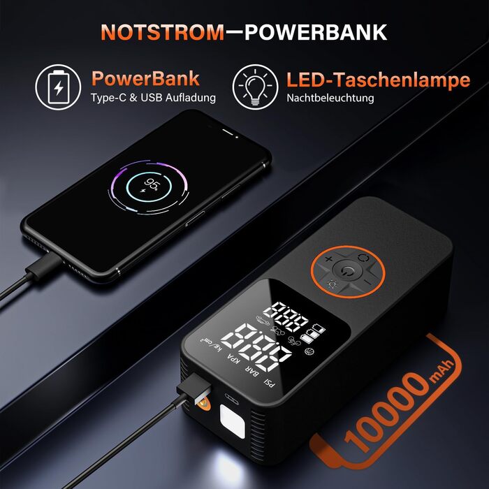 Портативний електричний компресор ZORUMAN 150 PSI з акумулятором 10000mAh, манометром та LED-ліхтарем для авто, велосипедів, мотоциклів і м'ячів