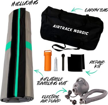 AirTrack Nordic Carbon – надувний гімнастичний мат 3-8 м з насосом, ширина 1,5 м, товщина 15 см, для дому, гімнастики та черлідингу
