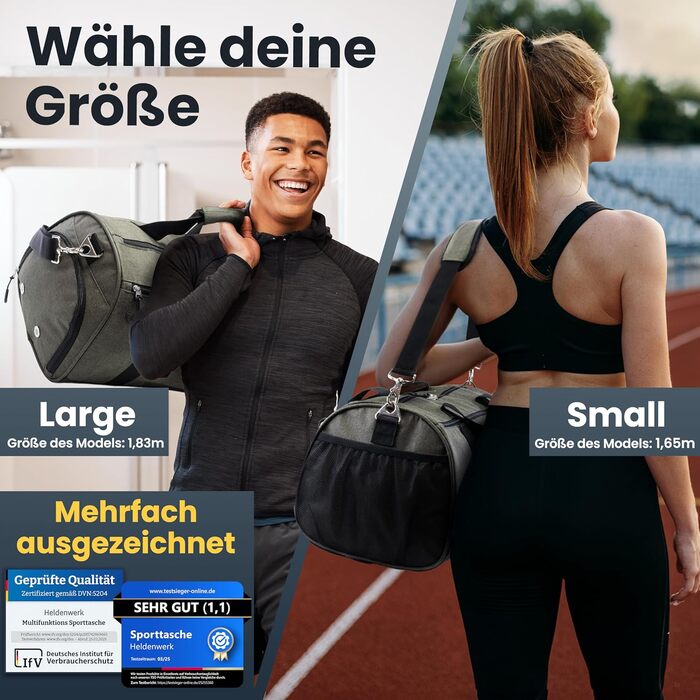 Спортивна сумка Heldenwerk® для жінок та чоловіків, 30л, 48 x 26 x 25 см. З відділенням для взуття та мокрих речей. Ідеальна для подорожей, тренувань, фітнесу.