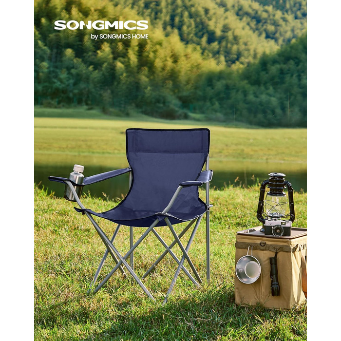 SONGMICS Крісла для кемпінгу, складні, для відпочинку на природі, зручні, з підлокітниками та тримачем для напоїв, стабільний каркас, вантажопідйомність 120 кг, 2 шт (Темно-синій)