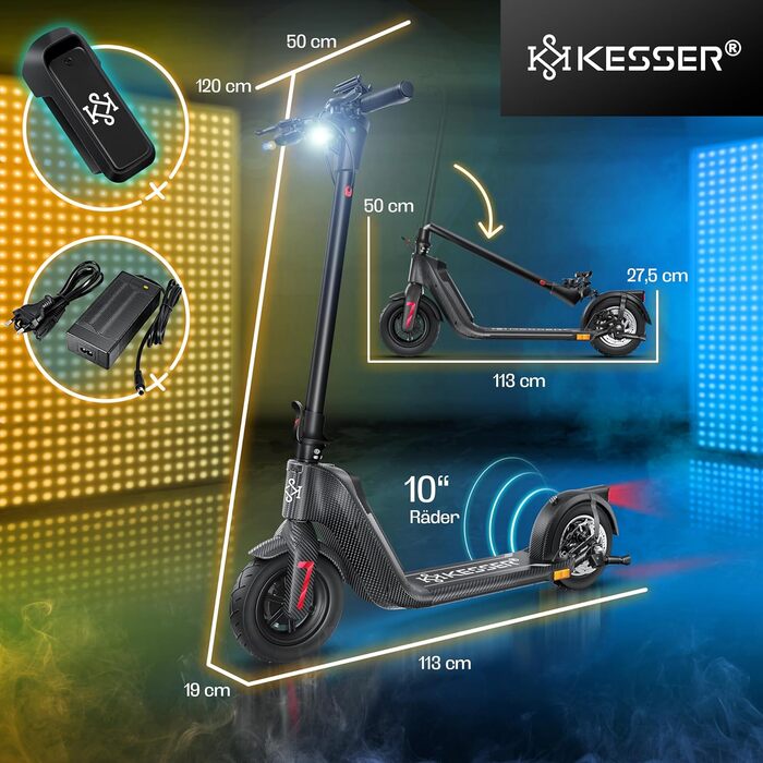 Електросамокат KESSER з дозволом для доріг, 40 км, складаний, 36V/10Ah, до 120 кг, мотор 450W, 10'' колеса, LCD-дисплей, тримач для смартфона